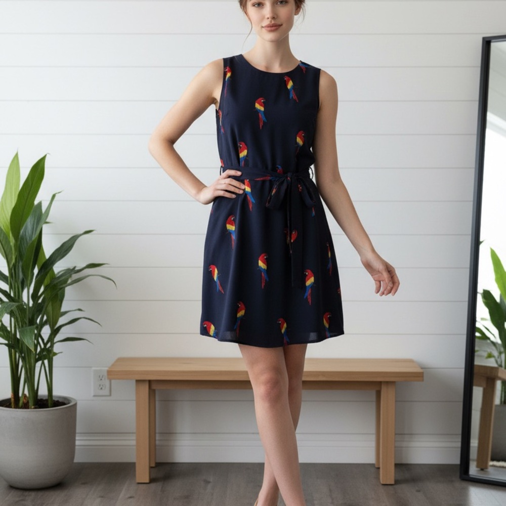 Elegant Navy Parrot Print Mini Dress